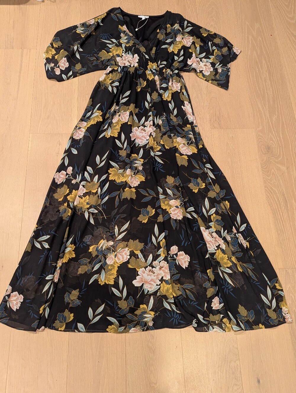 Floral V-Neck Maxi Dress in Black with Pink & Mustard Blooms